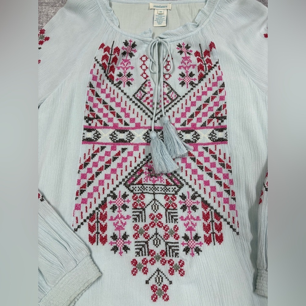 Sundance Womens Embroidered Top Size XS Light Blue Boho Gypsy Artsy Lightweight - Picture 8 of 10